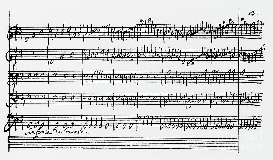 Musical score of the Sinfonia da guerra from the Opera, Il Ritorno di Ulisse in Patria by Monteverdi Drawing by Claudio Monteverdi