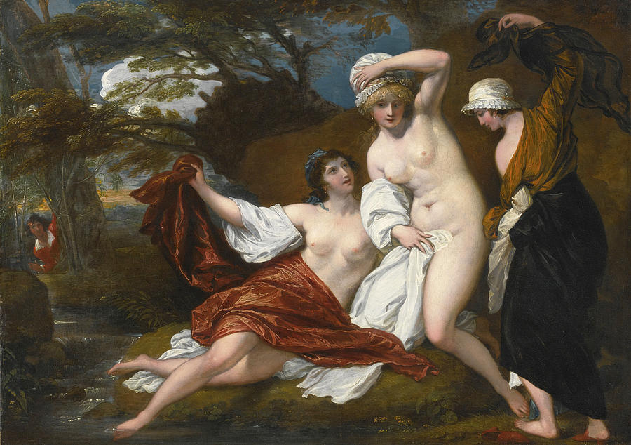 Musidora and her two companions Sacharissa and Amoret at their Bath espied by Damon Painting by Benjamin West