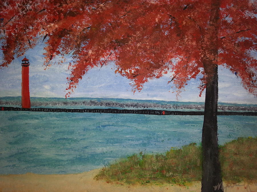 Muskegon Channel Lighthouse Fall 2 Painting by Myrtle Joy