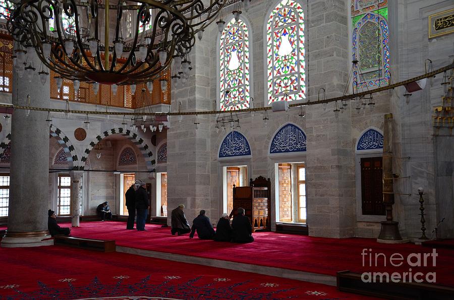 Turkey Photograph - Muslim men pray inside Mihrimah Sultan Mosque Istanbul Turkey by Imran Ahmed