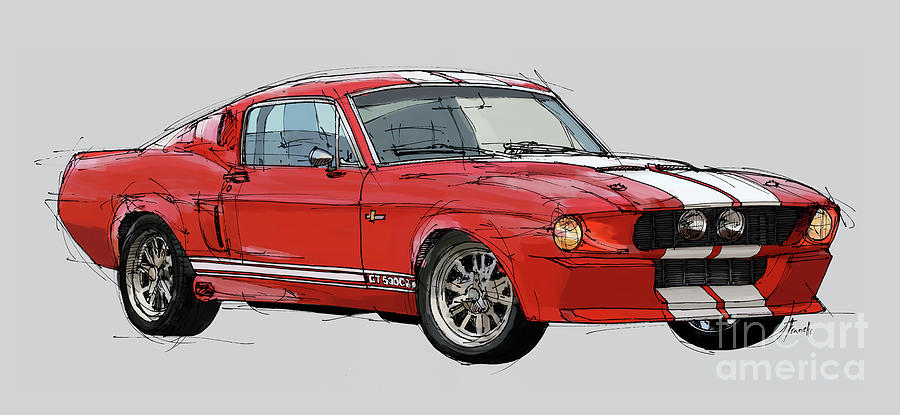 Car Drawing - Mustang GT-500 red classic car, handmade drawing, gift for man by Drawspots Illustrations