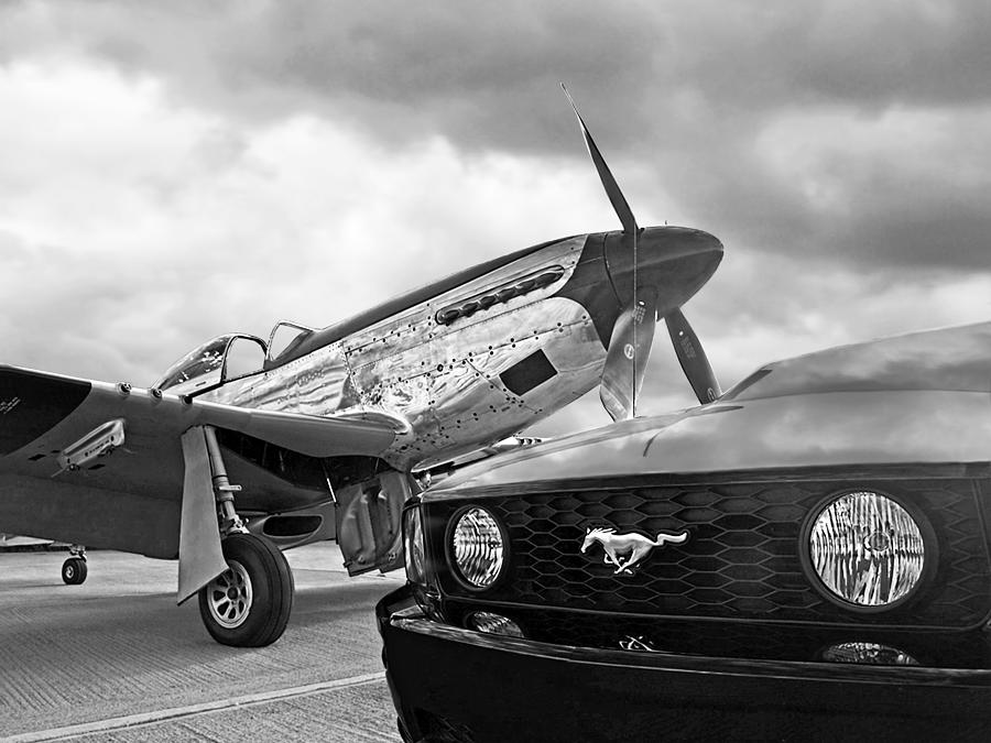 Mustang GT with P51 Black and White Photograph by Gill Billington