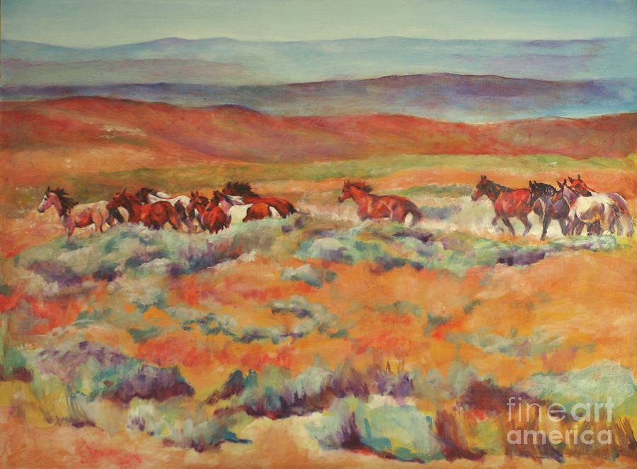 Horse Painting - Mustangs Running Near White Mountain by Karen Brenner