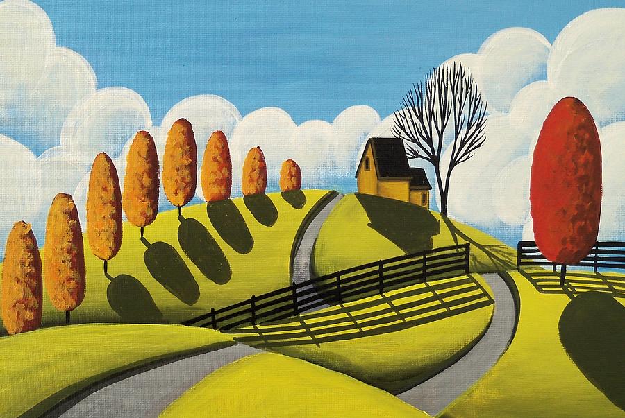 Mustard Cottage - folk art landscape Painting by Debbie Criswell