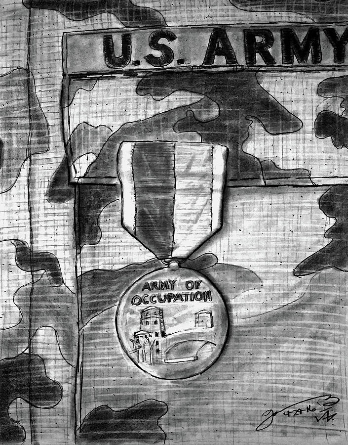 Graphite Pencil Drawing - My Army of Occupation Medal by Jose A Gonzalez Jr