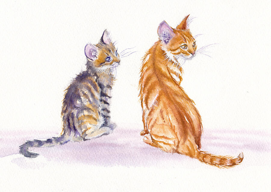 Cat Painting - Two Kittens - My Big Sister by Debra Hall