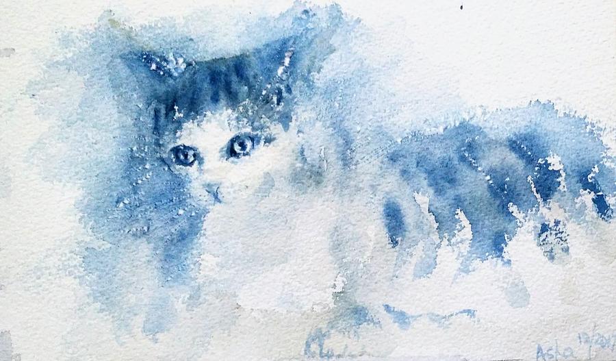 My blue cat Painting by Asha Sudhaker Shenoy