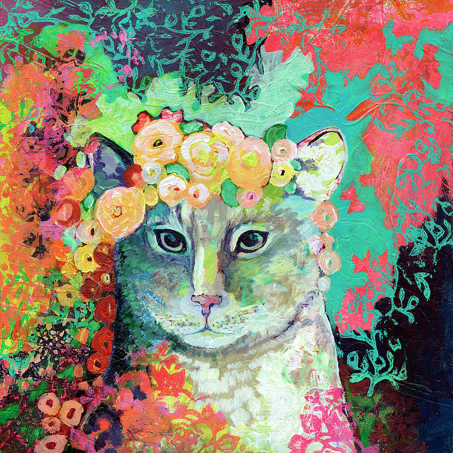Cat Painting - My Cat Naps in a Bed of Roses by Jennifer Lommers