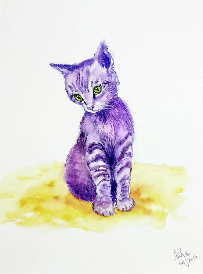 My cute purple kitten Painting by Asha Sudhaker Shenoy