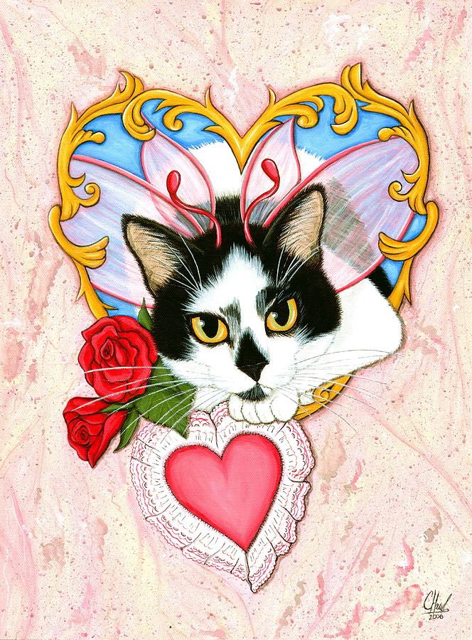 My Feline Valentine Tuxedo Cat Painting by Carrie Hawks