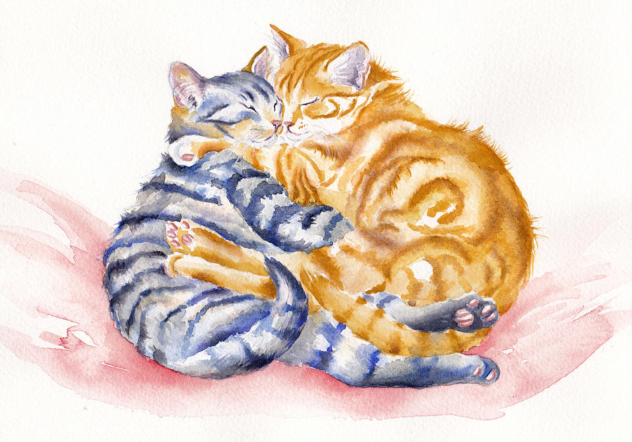 Cat Painting - My Furry Valentine - Loving Cats by Debra Hall