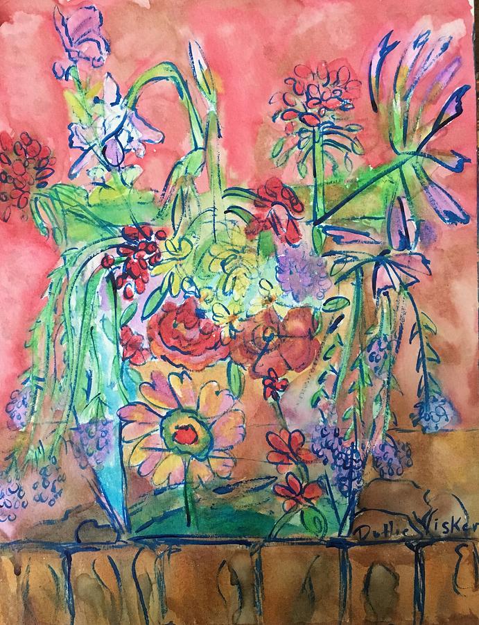 My garden flowers in Moms vase Painting by Dottie Visker