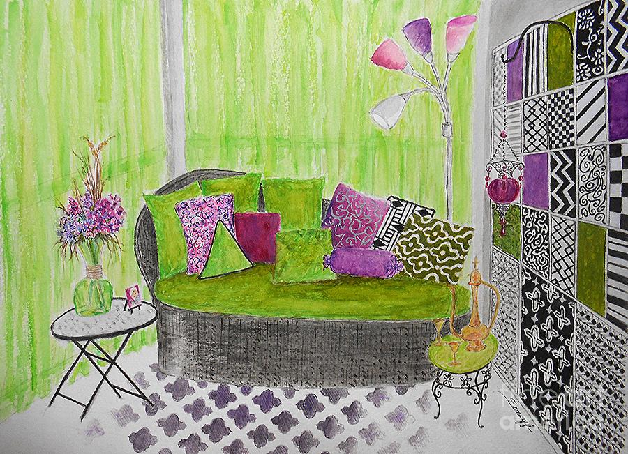 My Happy Place -- Drawing of Colorful Moroccan Porch Painting by Jayne Somogy
