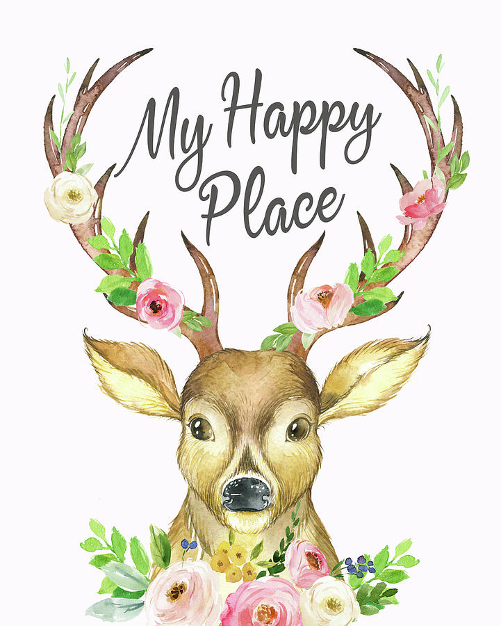 Deer Digital Art - My Happy Place Woodland Boho Deer by Lisa Spence