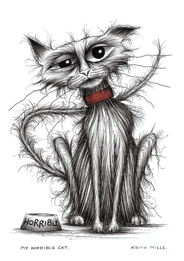 Black And White Drawing - My horrible cat by Keith Mills