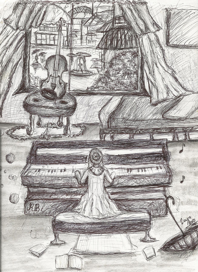 My Love For Rain Black White Girl Playing Piano Pen Drawing