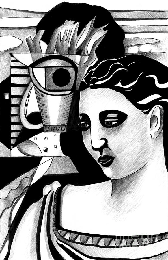 Black And White Drawing - My Outing With A Young Woman By Picasso by Helena Tiainen