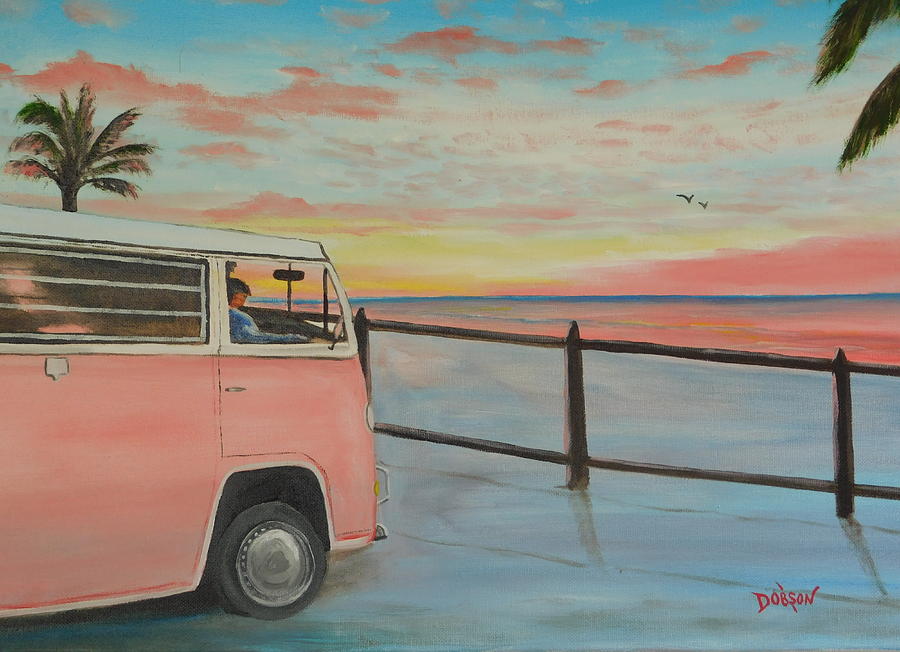 My Pink VW Van At Sunset Painting by Lloyd Dobson