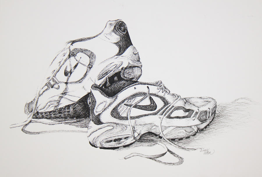 Black And White Drawing - My Running Shoes by Dixie Trent