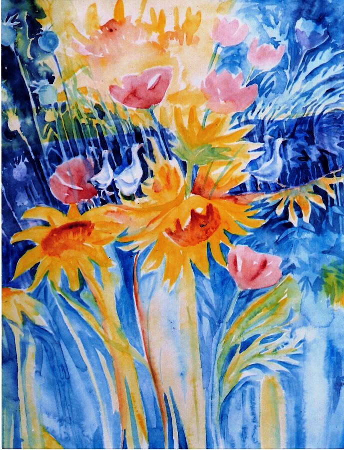 Summer garden with Ducks and Sunflowers Painting by Trudi Doyle