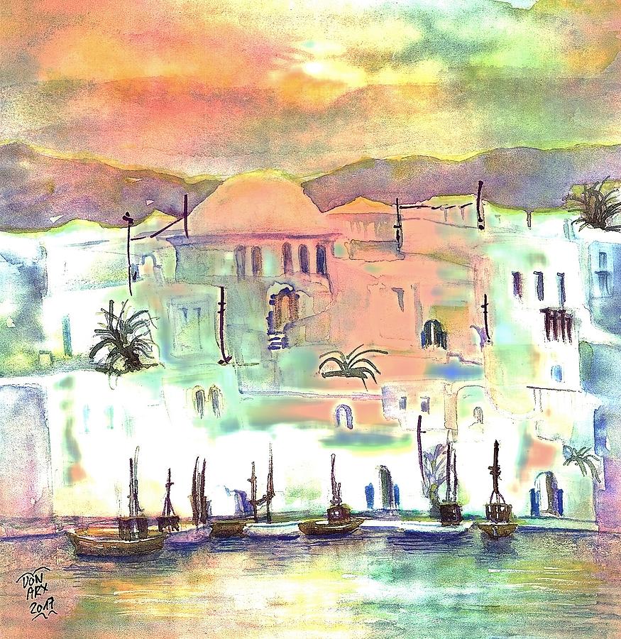Sunset over Mykonos Greece Painting by Sabina Von Arx