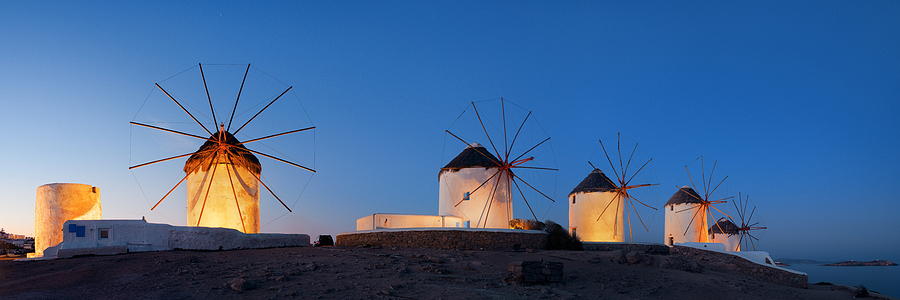 Mykonos windmill night panorama Photograph by Songquan Deng
