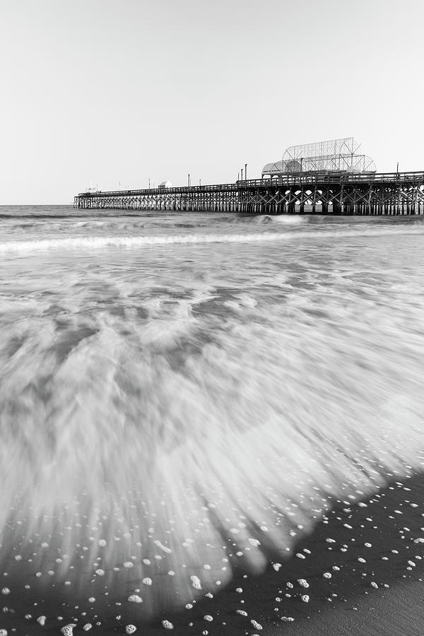 Myrtle Beach Pier with Atlantic Surf in Black and White Photograph by Ranjay Mitra
