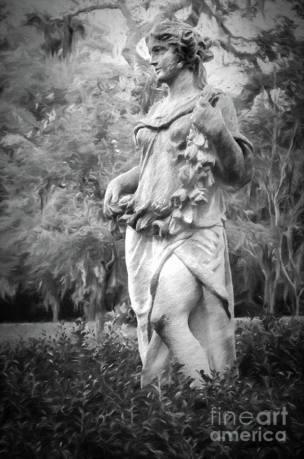 Myrtles Plantation Statue-Charcoal Photograph by Kathleen K Parker