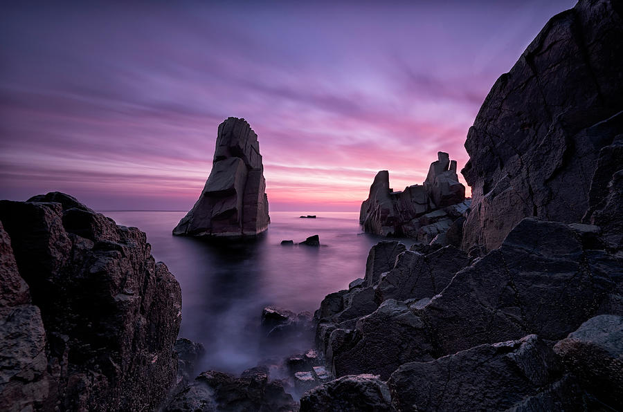 Mysteries of dawn. Sea sunrise at the Black Sea coast near Sozopol ...