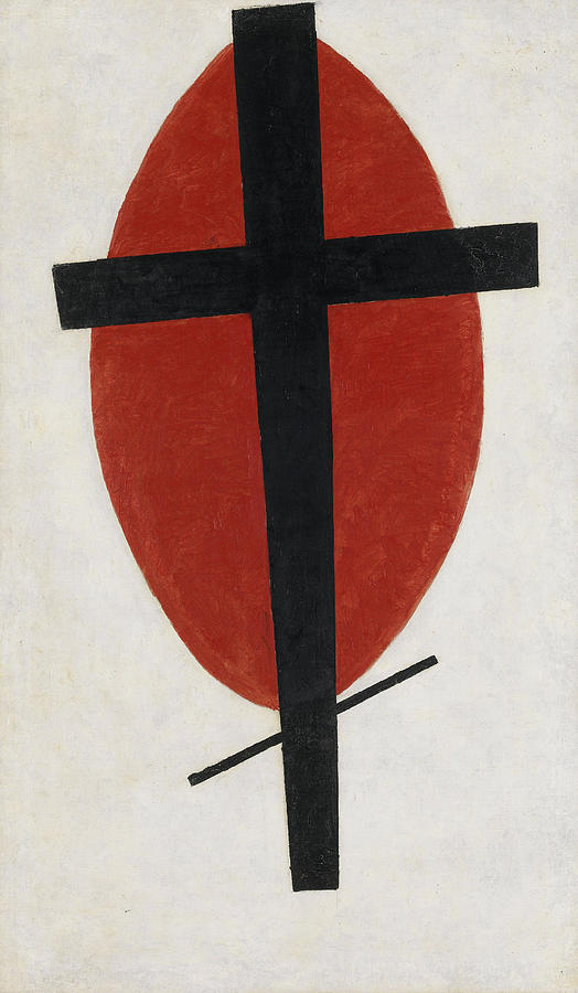Primary Colors Painting - Mystic Suprematism, black cross on red oval by Kazimir Malevich