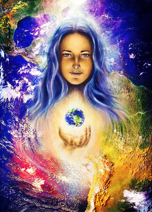 Nature Painting - Mystic woman and earth collage. Hands holding planet Earth. Woman illustration by Jozef Klopacka