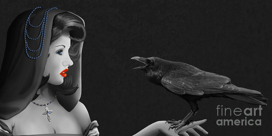 Beauty Mixed Media - Mystic woman with raven by Monika Juengling Beauty Mixed Media - Mystic woman with raven by Monika Juengling