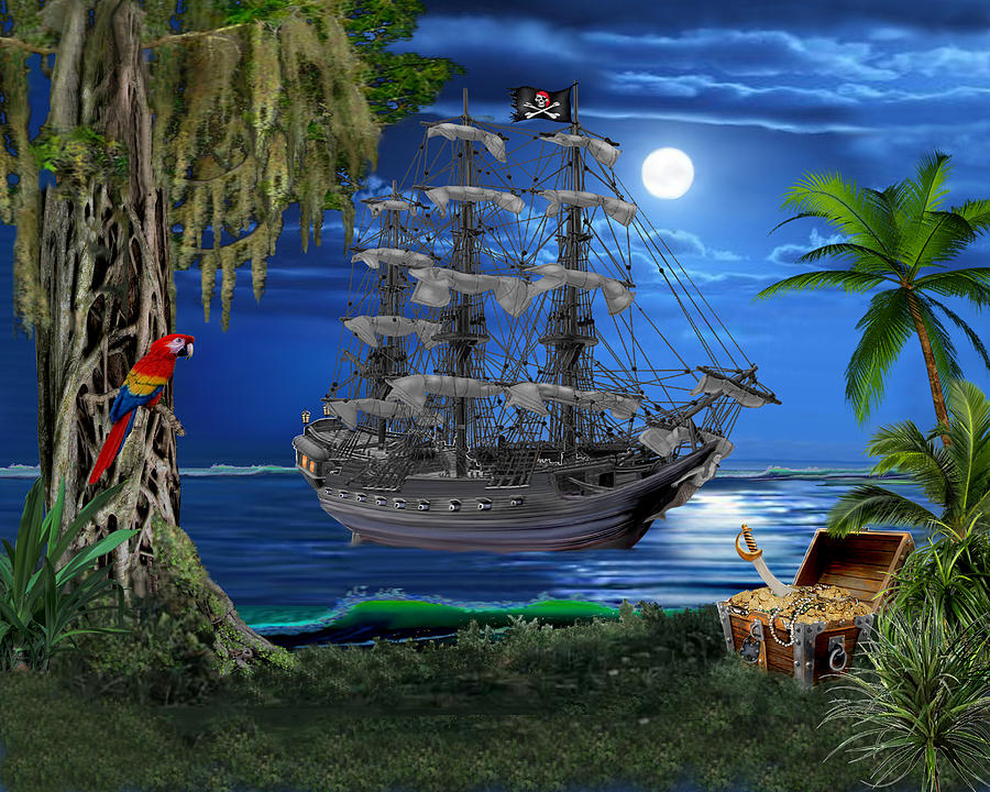 Mystical Moonlit Pirate Ship Digital Art by Glenn Holbrook