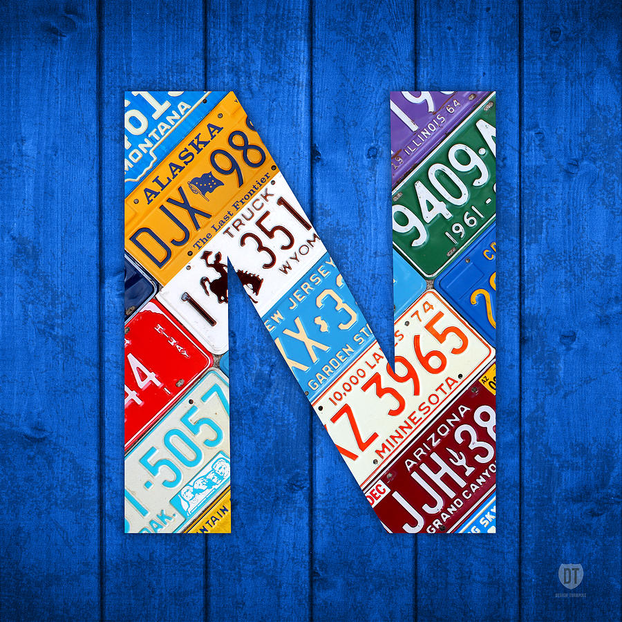 N Mixed Media - N License Plate Letter Art Blue Background by Design Turnpike