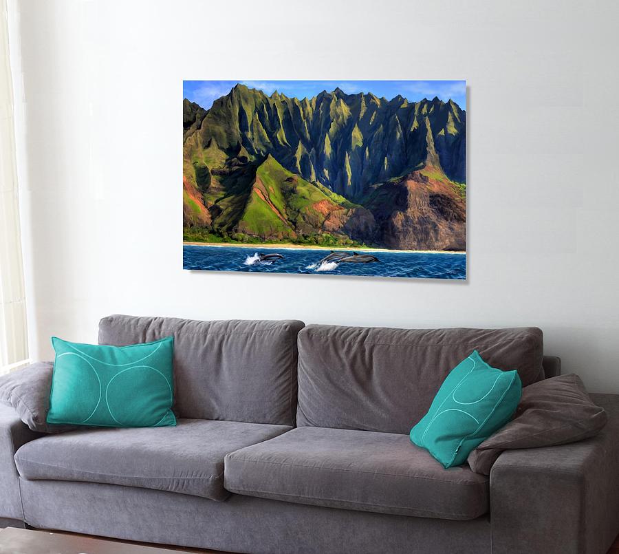Na Pali Coast with Dolphins on the Wall Digital Art by Stephen Jorgensen