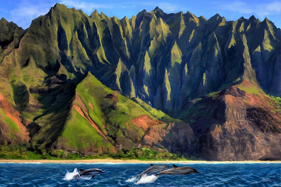 Na Pali Coast with Dolphins Painting by Stephen Jorgensen