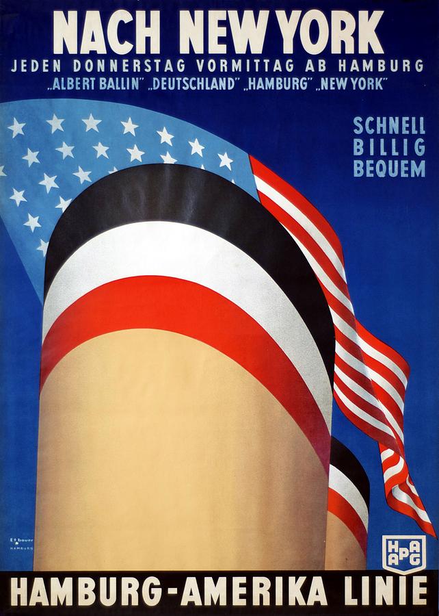 Nach New York - Hamburg Amerika Linie - Retro Travel Poster - Vintage Poster Mixed Media