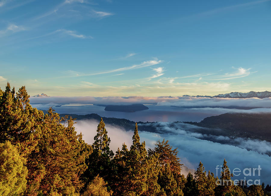 Nahuel Huapi Lake at sunrise seen from Cerro Campanario. Photograph by