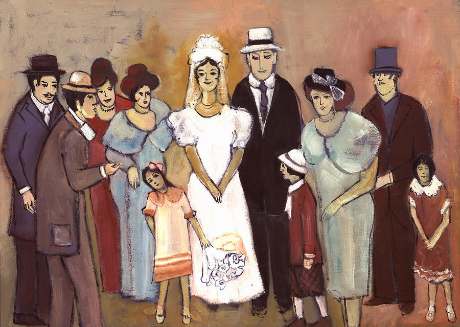 Naive wedding large family white bride black groom red women girls brown men with hats and flowers Painting by Rachel Hershkovitz