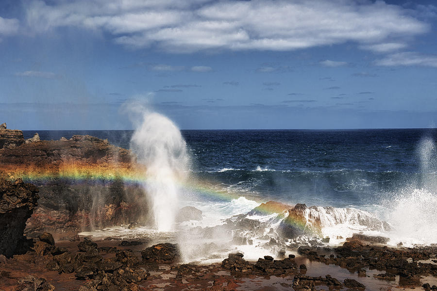 Nakalele Blowhole surge creates rainbow. Photograph by Larry Geddis ...