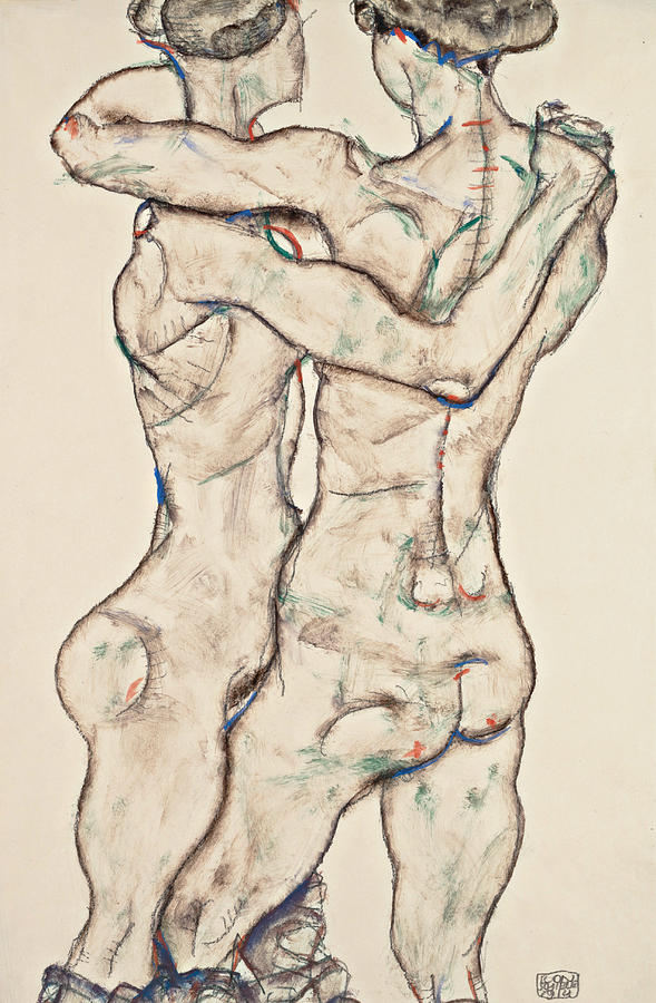Naked Girls Embracing Drawing by Egon Schiele