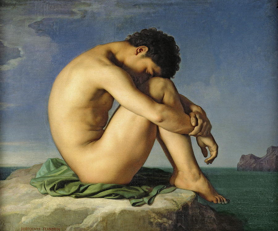 Athlete Painting - Naked Young Man Sitting By The Sea by Jean Hippolyte Flandrin