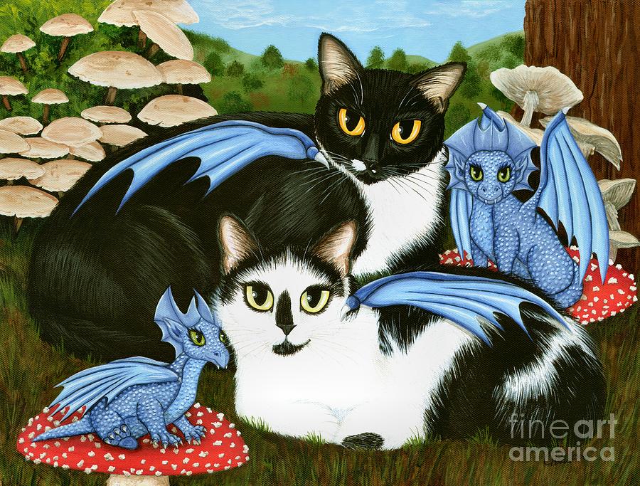 Cat Painting - Nami and Rookias Dragons - Tuxedo Cats by Carrie Hawks