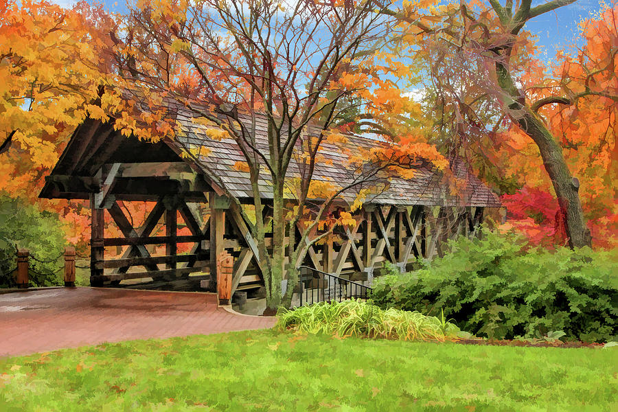 Naperville Riverwalk Covered Bridge Painting by Christopher Arndt