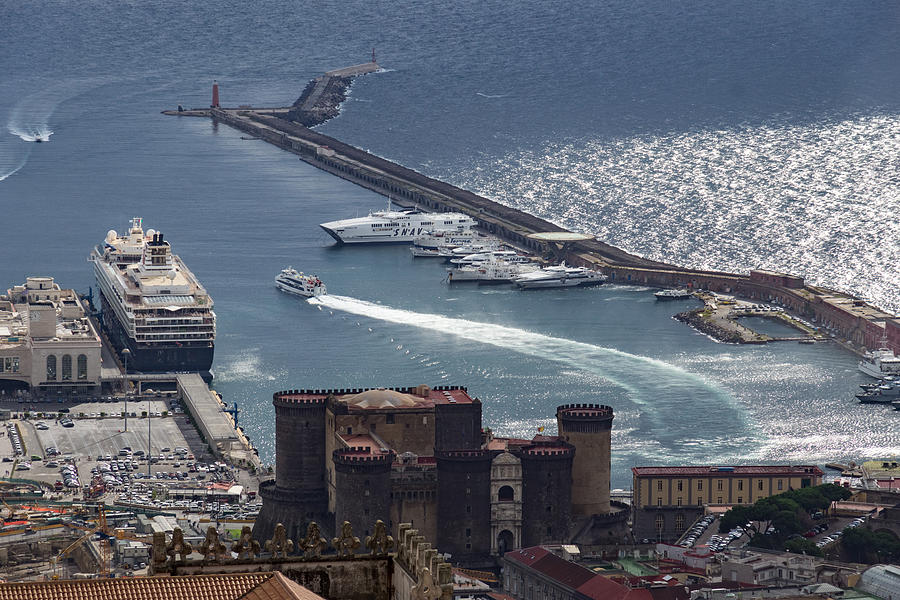 Naples Distinctive Harbor in Silver and Blue - Castles and Cruise Ships From Above Photograph by Georgia Mizuleva