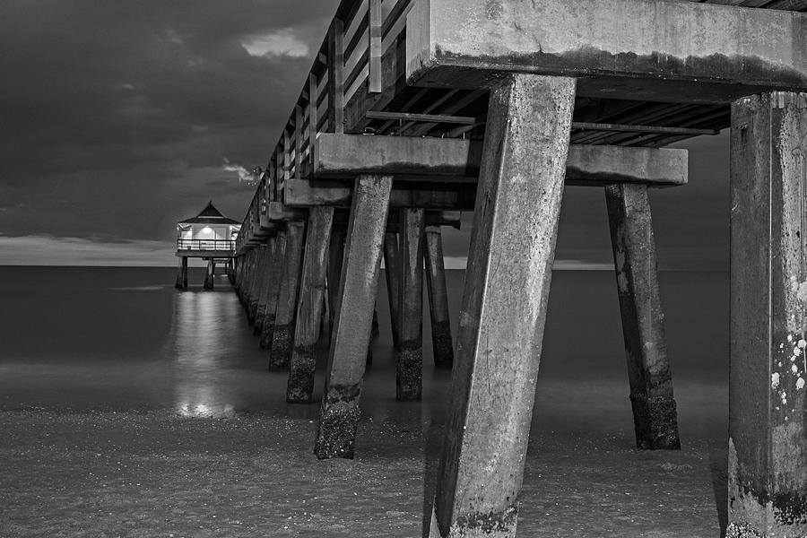Naples Pier at Blue Hour Naples Florida Black and White Photograph by Toby McGuire