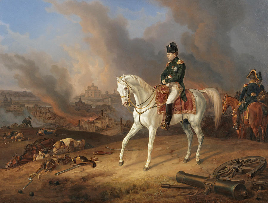 Napoleon before the burning City of Smolensk Painting by Albrecht Adam