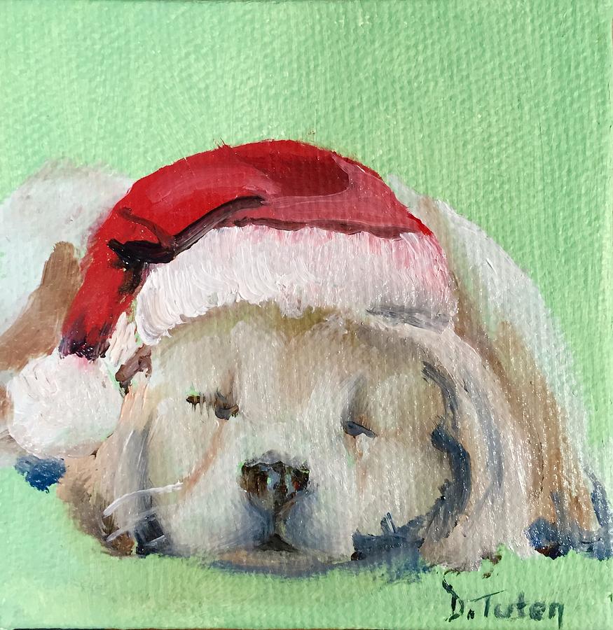 Napping Golden Retriever Christmas Puppy Painting by Donna Tuten