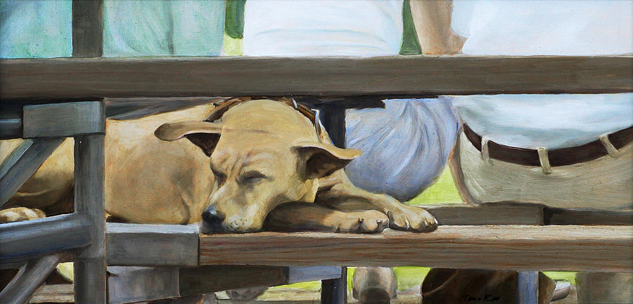 Naptime in the Bleachers Painting by Linda Tenukas