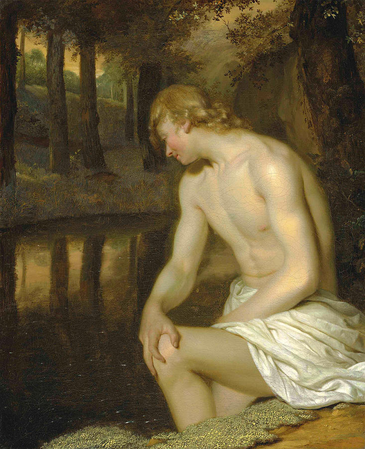 Narcissus gazing at his own reflection Painting by Godfried Schalcken